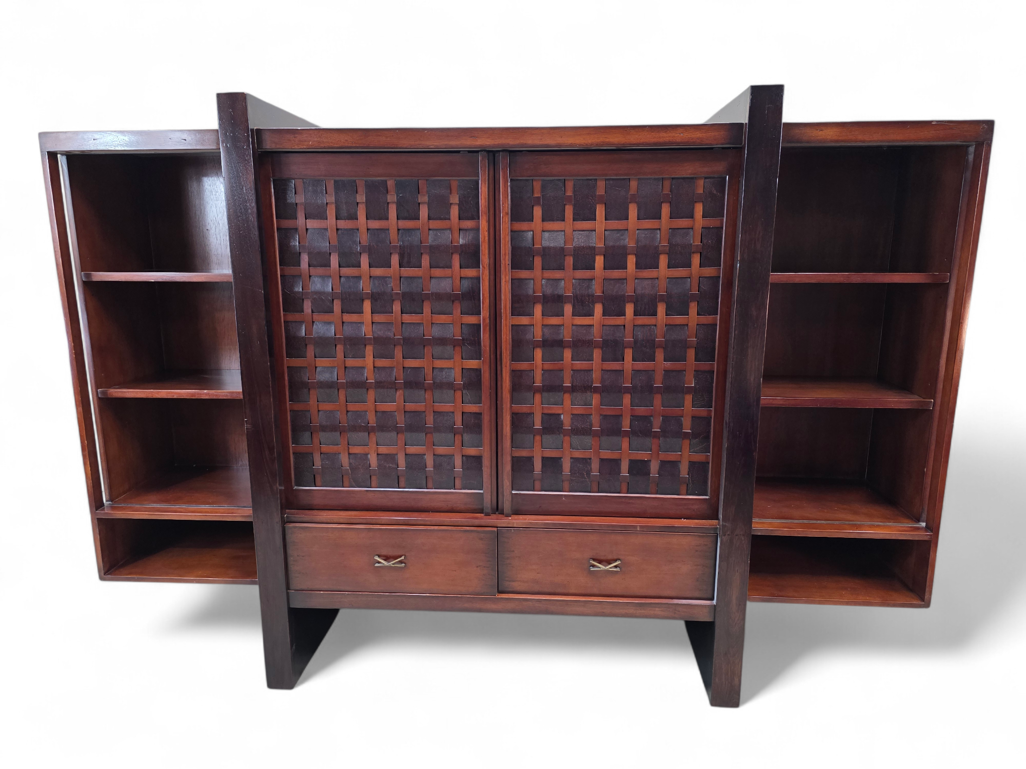 Vintage Modern Mahogany Media Console with Sliding Woven Doors by South Cone