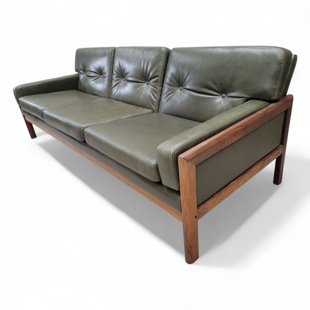 New - Mid Century Danish Modern Vatne Mobler Teak Frame Sofa & Club Chairs Newly Upholstered in Italian Hunter Green Leather