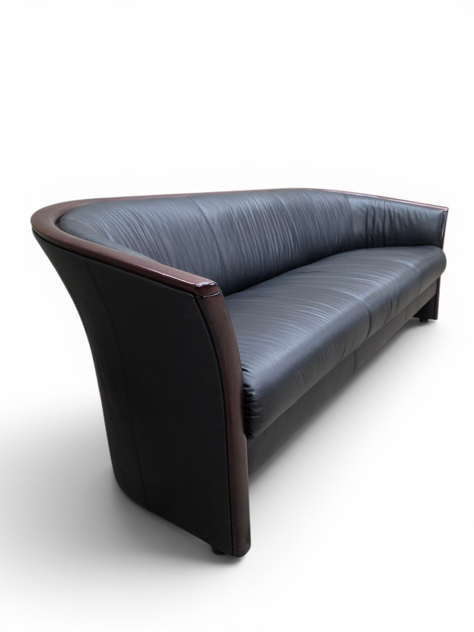 Vintage Ekornes Scandinavian Modern Black Leather Sofa with Rosewood Accents