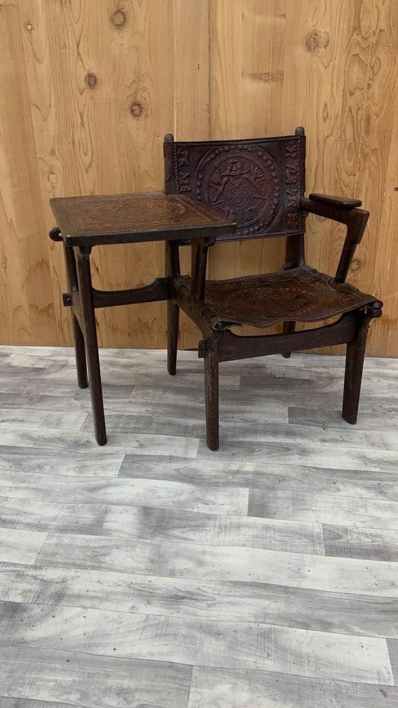 Vintage Tooled Leather Primitive Wood Base Gossip Chair by Angel Pazmino