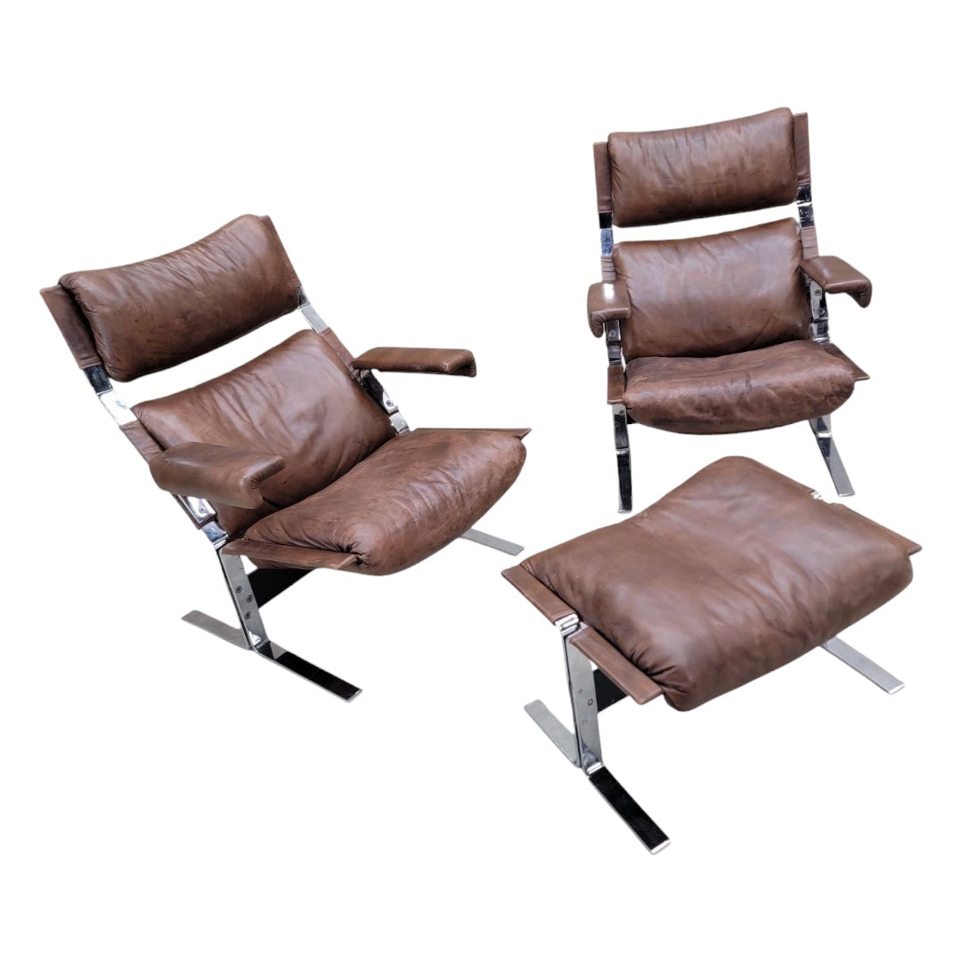 Mid Century Modern Richard Hersberger Brown Leather and Chromium Lounge Chairs and Ottoman