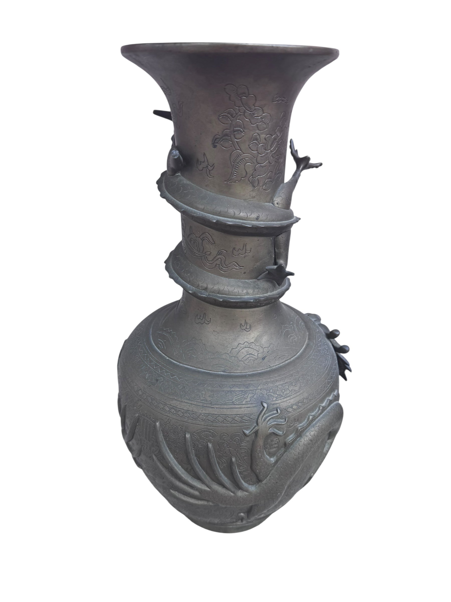 Antique Signed Asian Bronze Dragon Vase - Pair