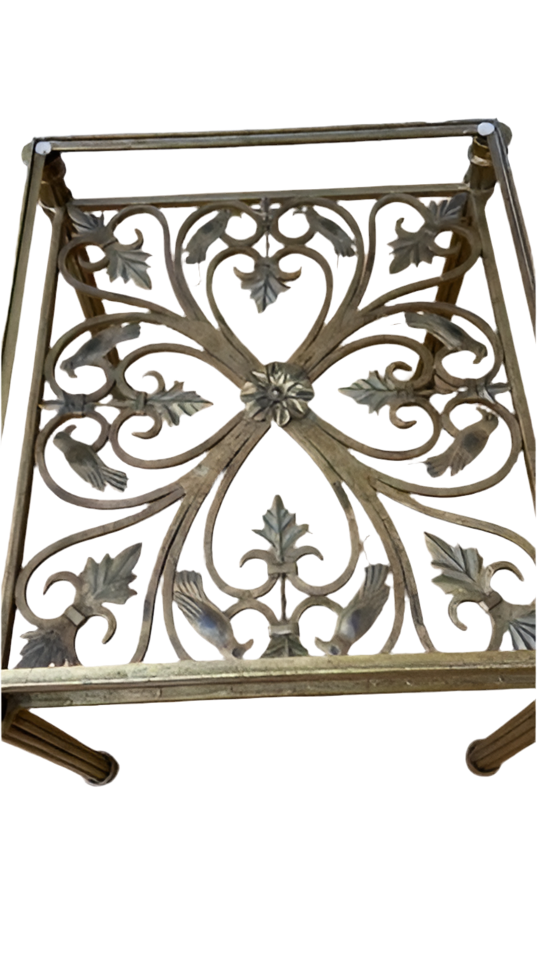 Hollywood Regency Antique Gold Forged Wrought Iron Glass Top Side Tables - Pair