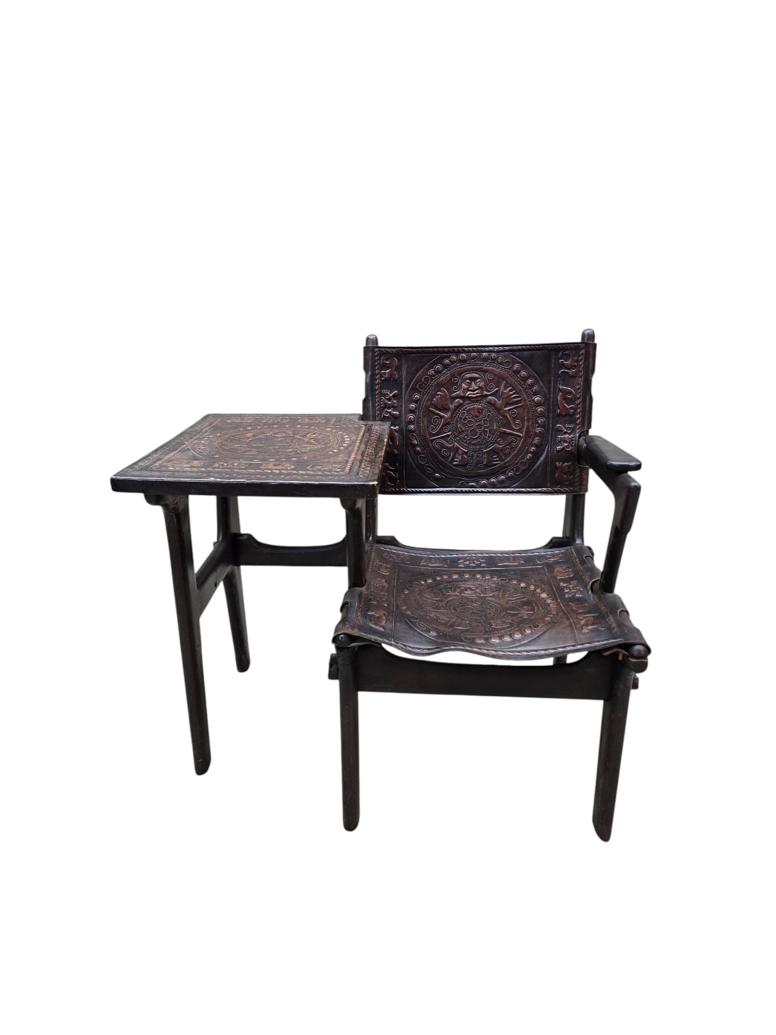 Vintage Rustic Tooled Leather Primitive Gossip Chair by Angel Pazmino