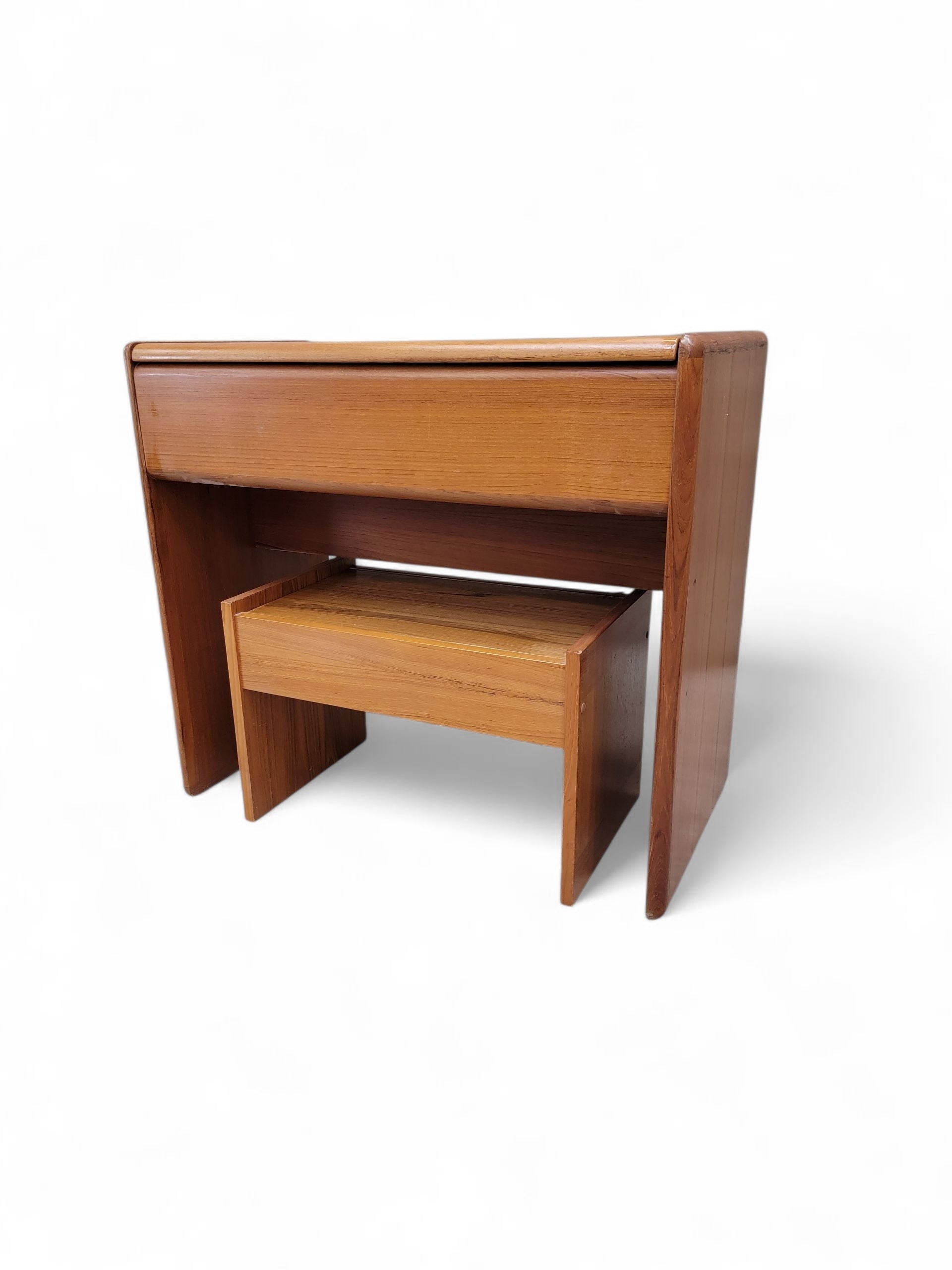 Mid Century Danish Teak Vanity/Desk with Flip-Top Mirror and Storage with Matching Stool