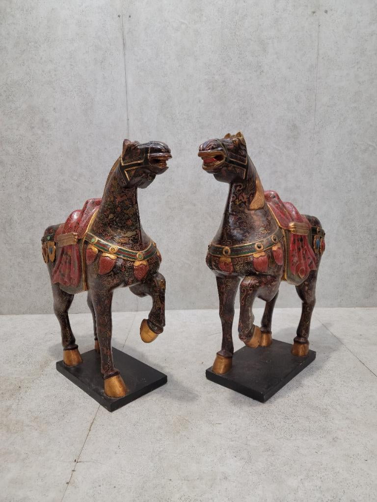 Vintage Tang Dynasty Style War Horse Floor Statues Sculptures - Set of 2