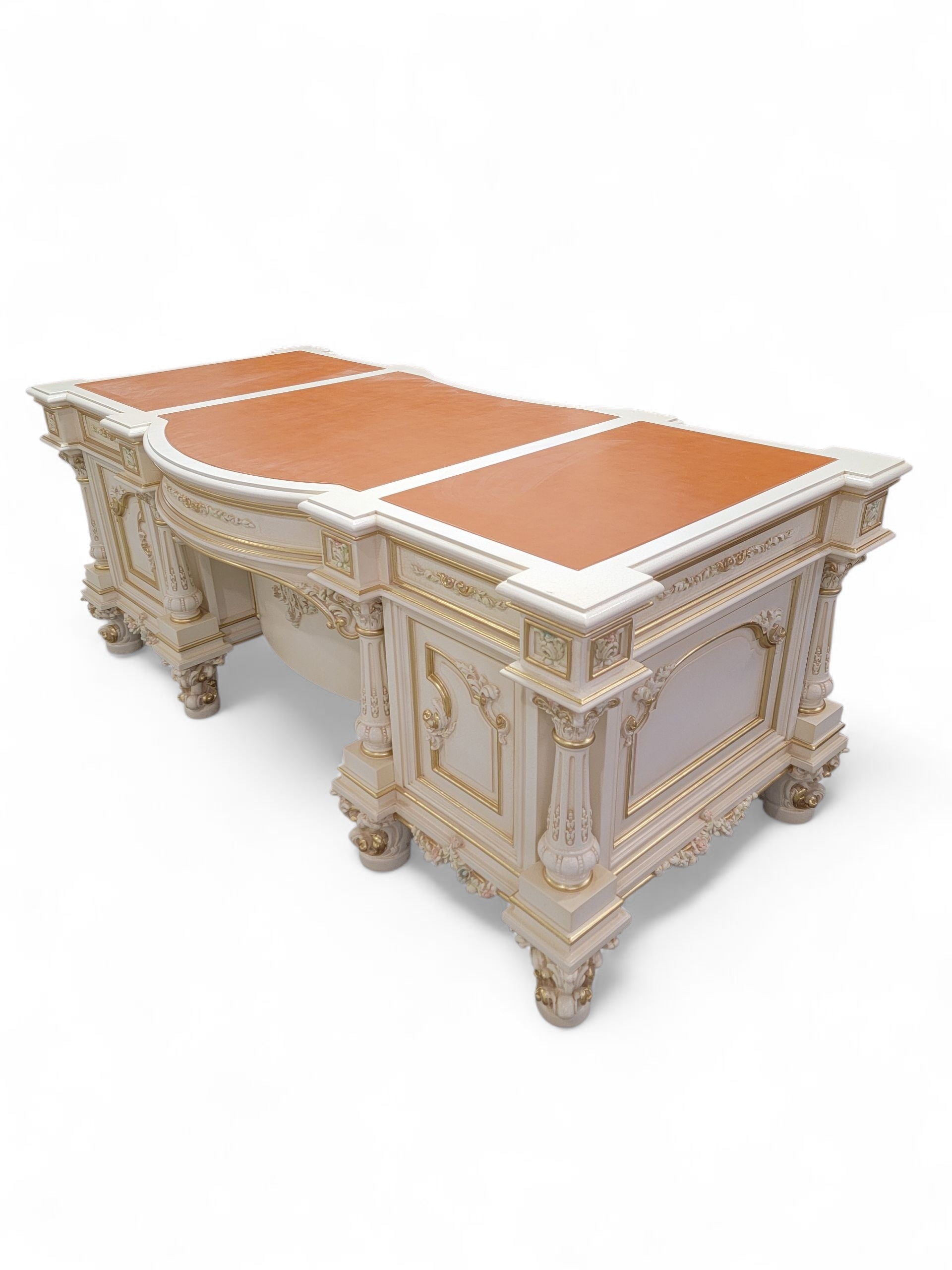 Vintage Custom Venetian Antique Rococo Style Antique White Carved Executive Desk