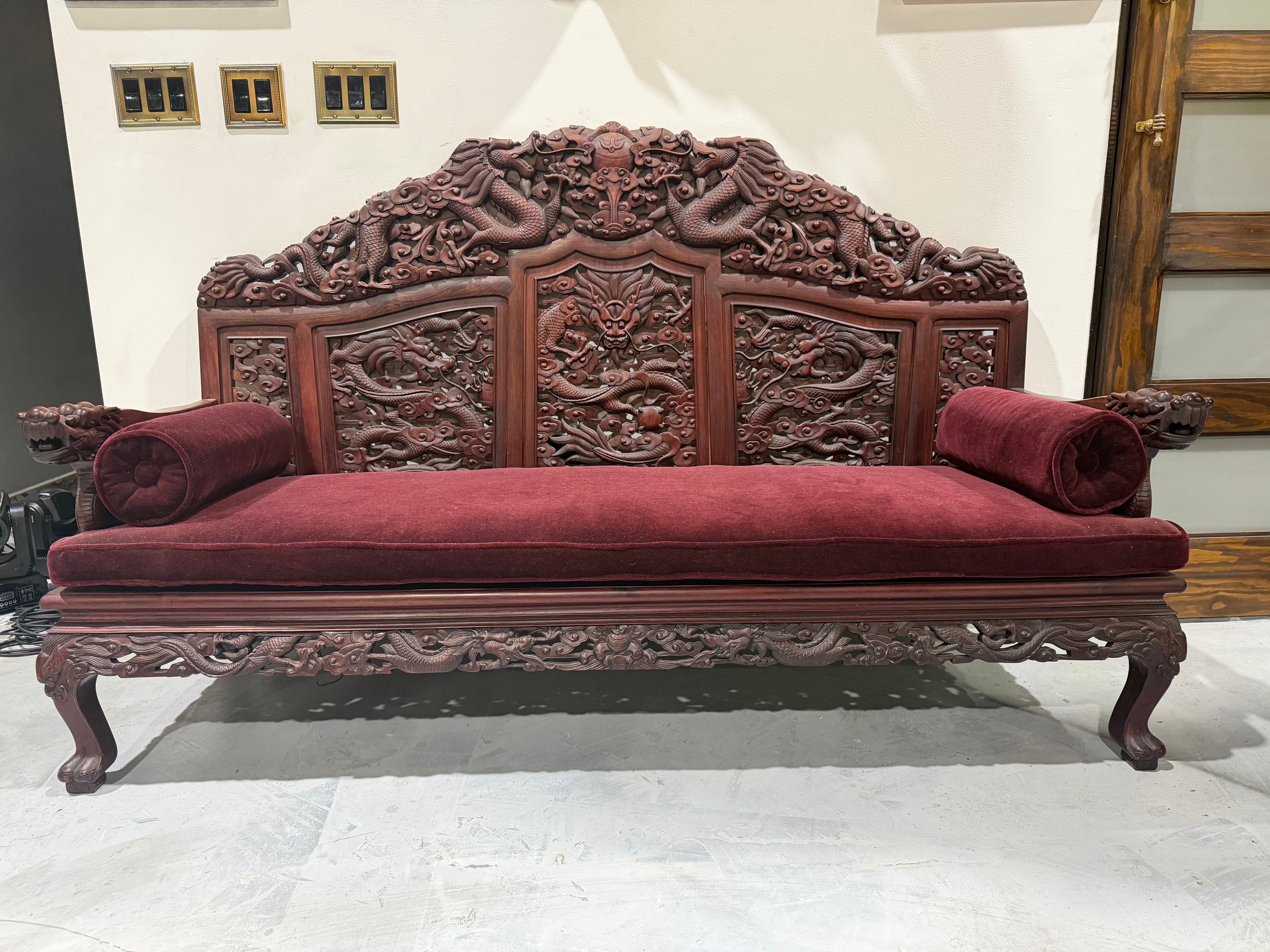 Chinese Carved Dragon Settee With Burgundy Mohair Upholstery