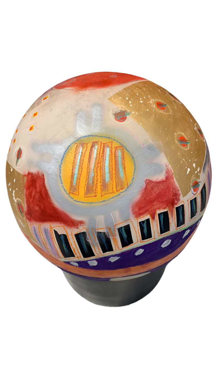 Mid Century Modern Multi Color Ball Sculpture on a Gainey Ceramics Black Clay Planter - 2 Piece Set