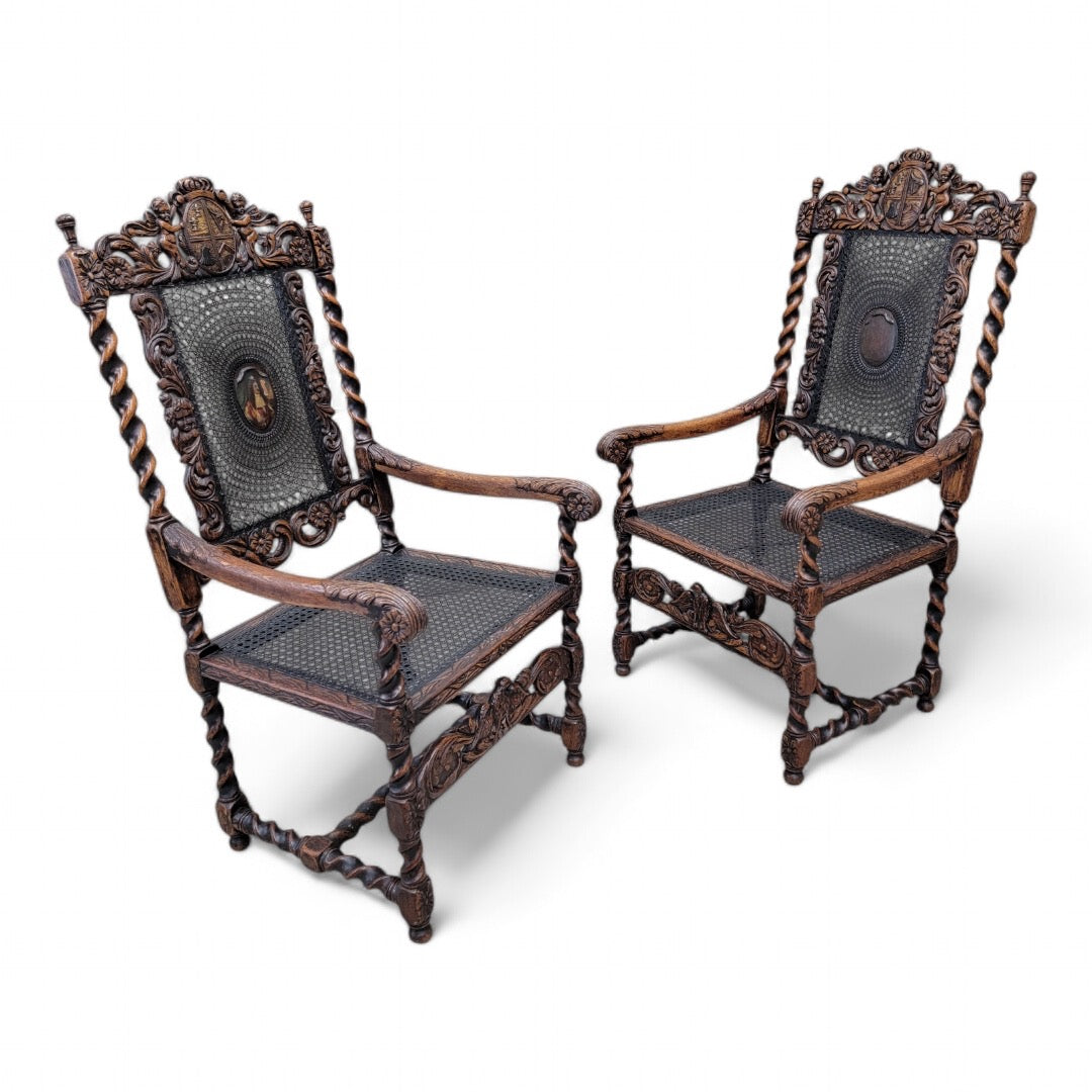 Antique French Jacobean/Renaissance Revival Carved Ornate Figural Throne Chairs - Pair