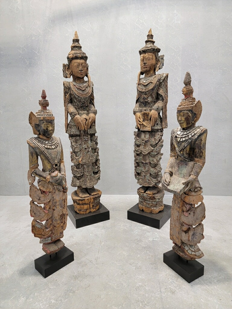 Antique Burmese Monastic Attendant Sculptures with Carved and Lacquered Wood and Inlaid Colored Glass - Set of 2