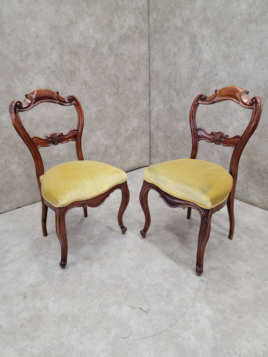 Antique French Victorian Carved Mahogany Accent Side Chairs - Pair