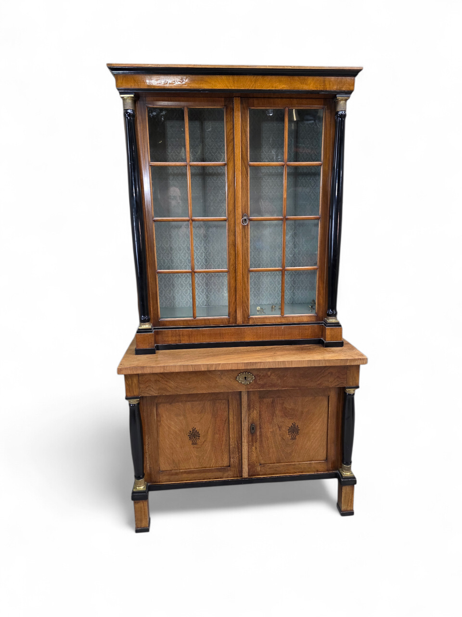 Antique Biedermeier Style Walnut Bookcase Vitrine