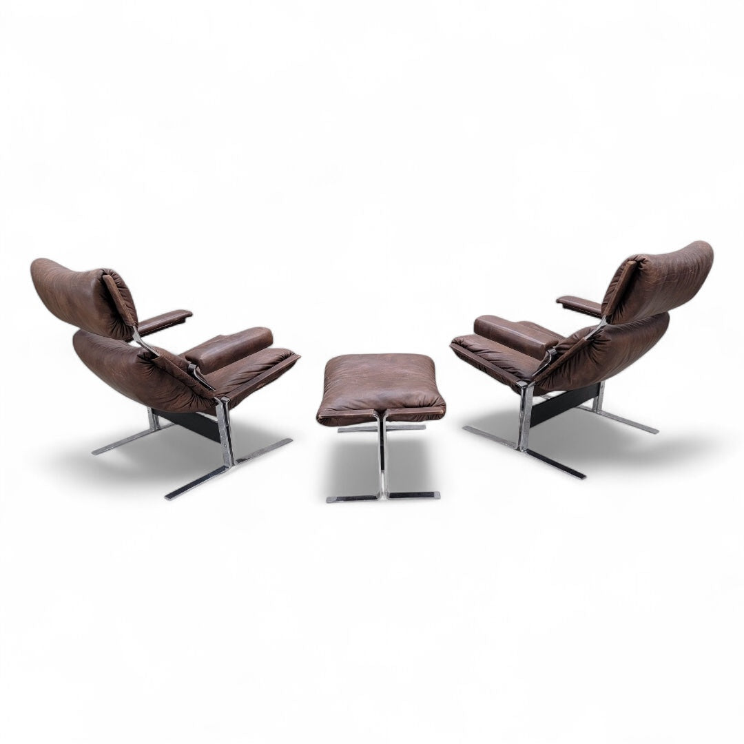 Mid Century Modern Richard Hersberger Brown Leather and Chromium Lounge Chairs and Ottoman