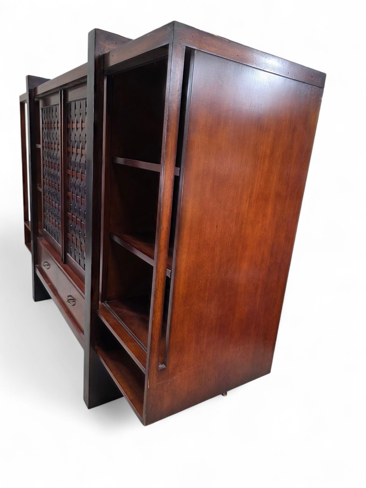 Vintage Modern Mahogany Media Console with Sliding Woven Doors by South Cone
