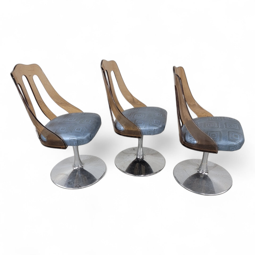 New - Mid Century Modern Retro Space Age Tulip Tinted Lucite Swivel Dining/Side Chairs New Upholstered in Leather - Set of 3