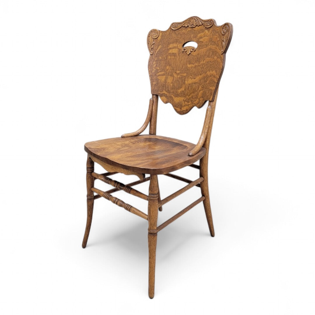 Antique Bent Quarter-Sawn Oak Cut Out Back Chairs - Set of 4