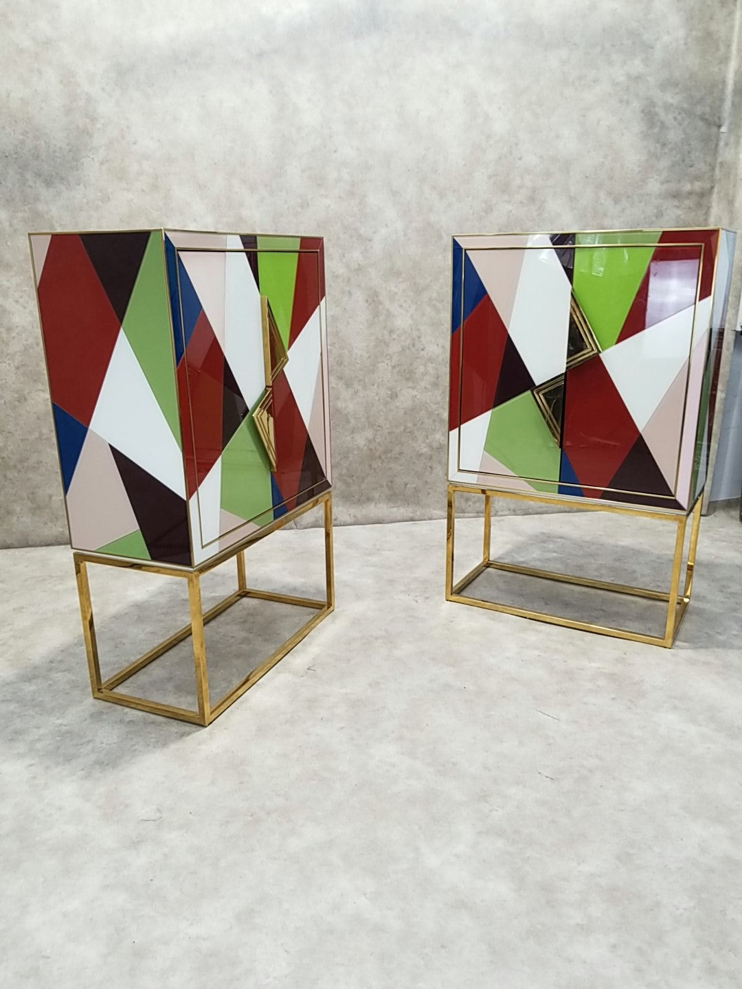 Torino Reverse-Painted Glass and Brass 2 Door Dry Bar Cabinet by Jonathan Adler - Pair