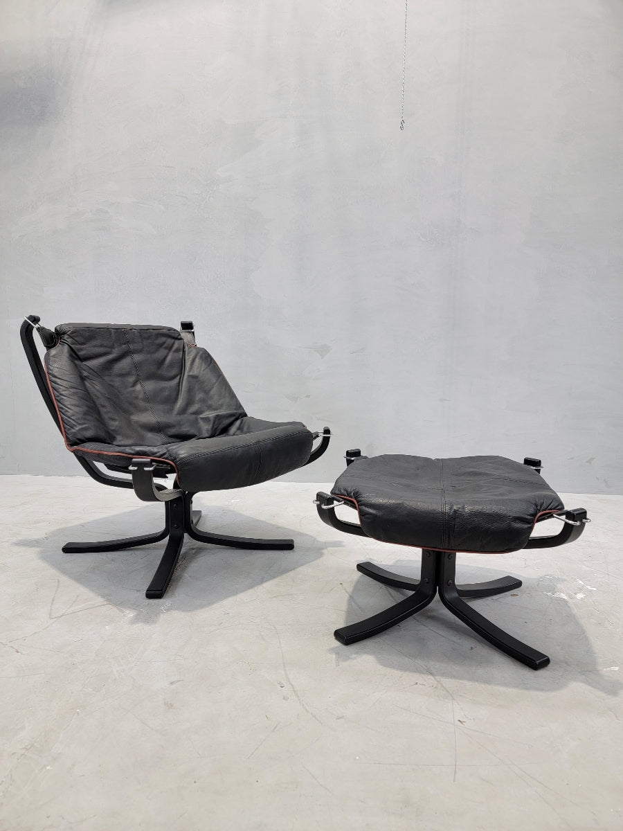 Vintage Danish Modern Falcon Leather Lounge Chair & Ottoman by Sigurd Ressell - 2 Piece Set