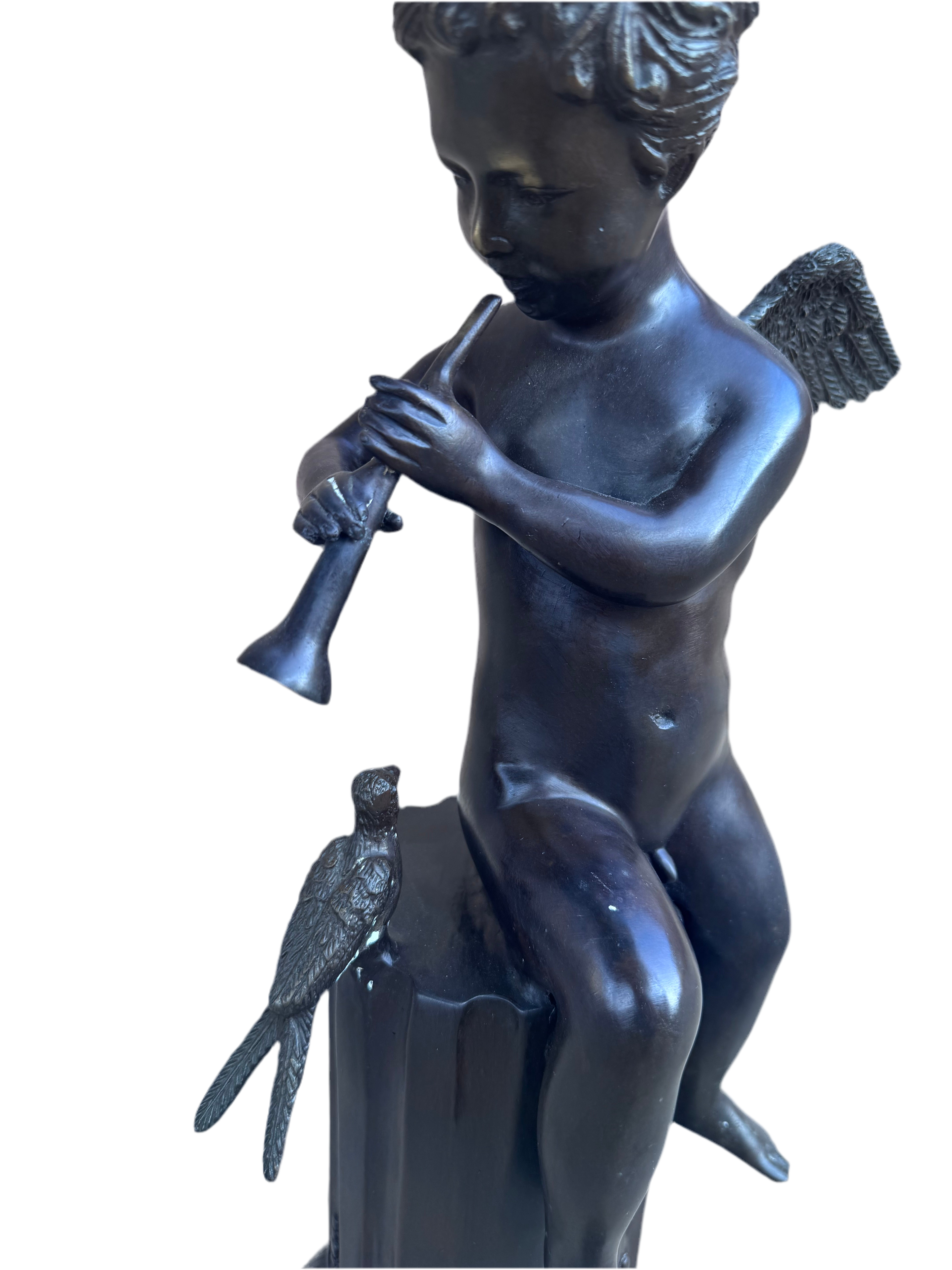 Antique Bronze Cherub on Pedestal Playing The Flute Sculpture Attributed to French Artist Auguste Moreau