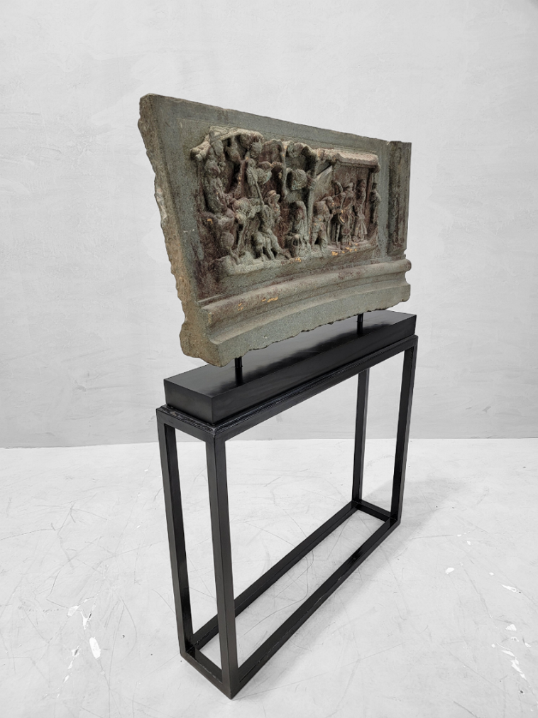 16th Century Chinese Hand Sculpted Grey Stone Panel with Stand