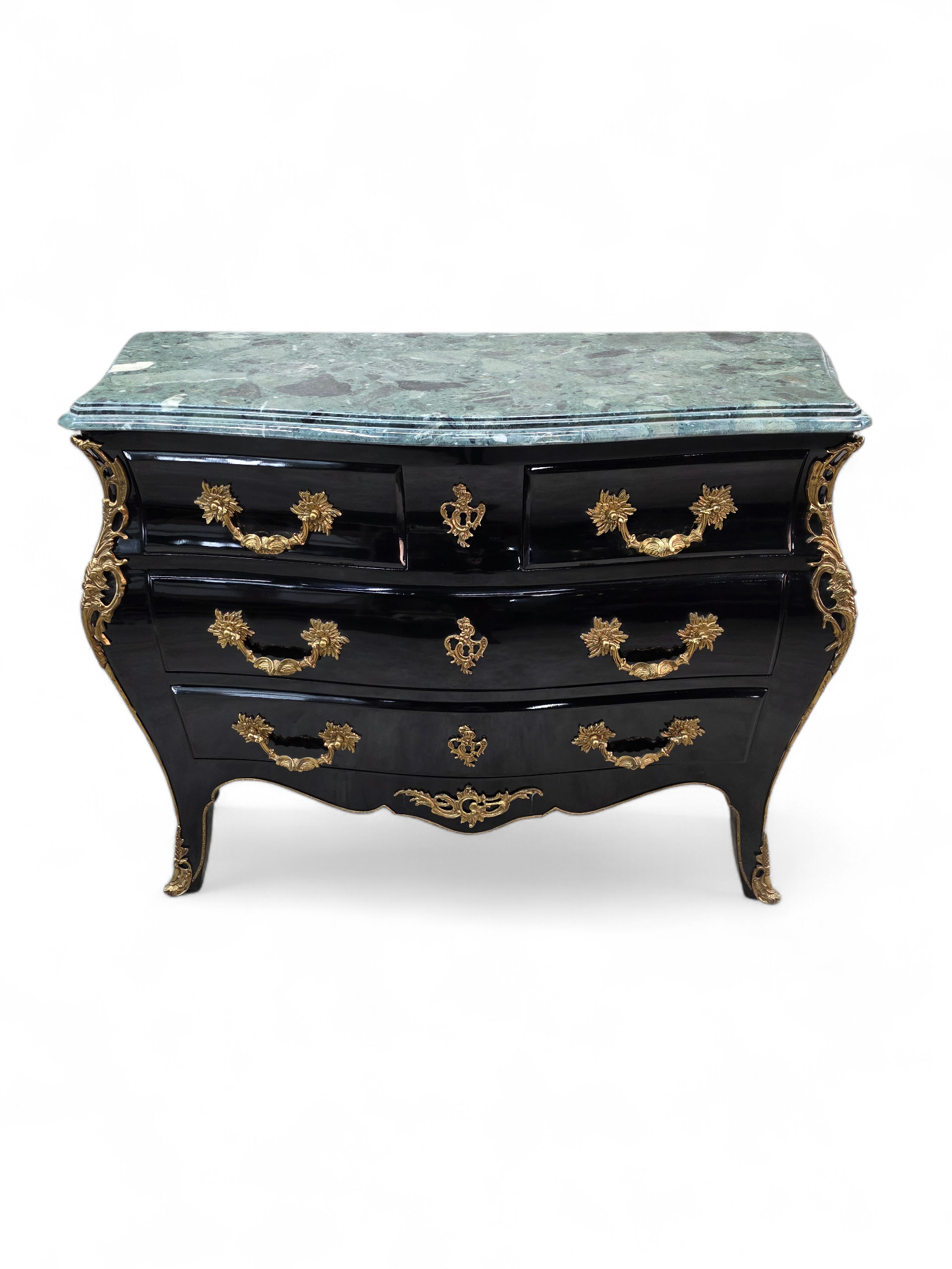 Vintage French Louis XV Style Black Lacquer Bombe Commode