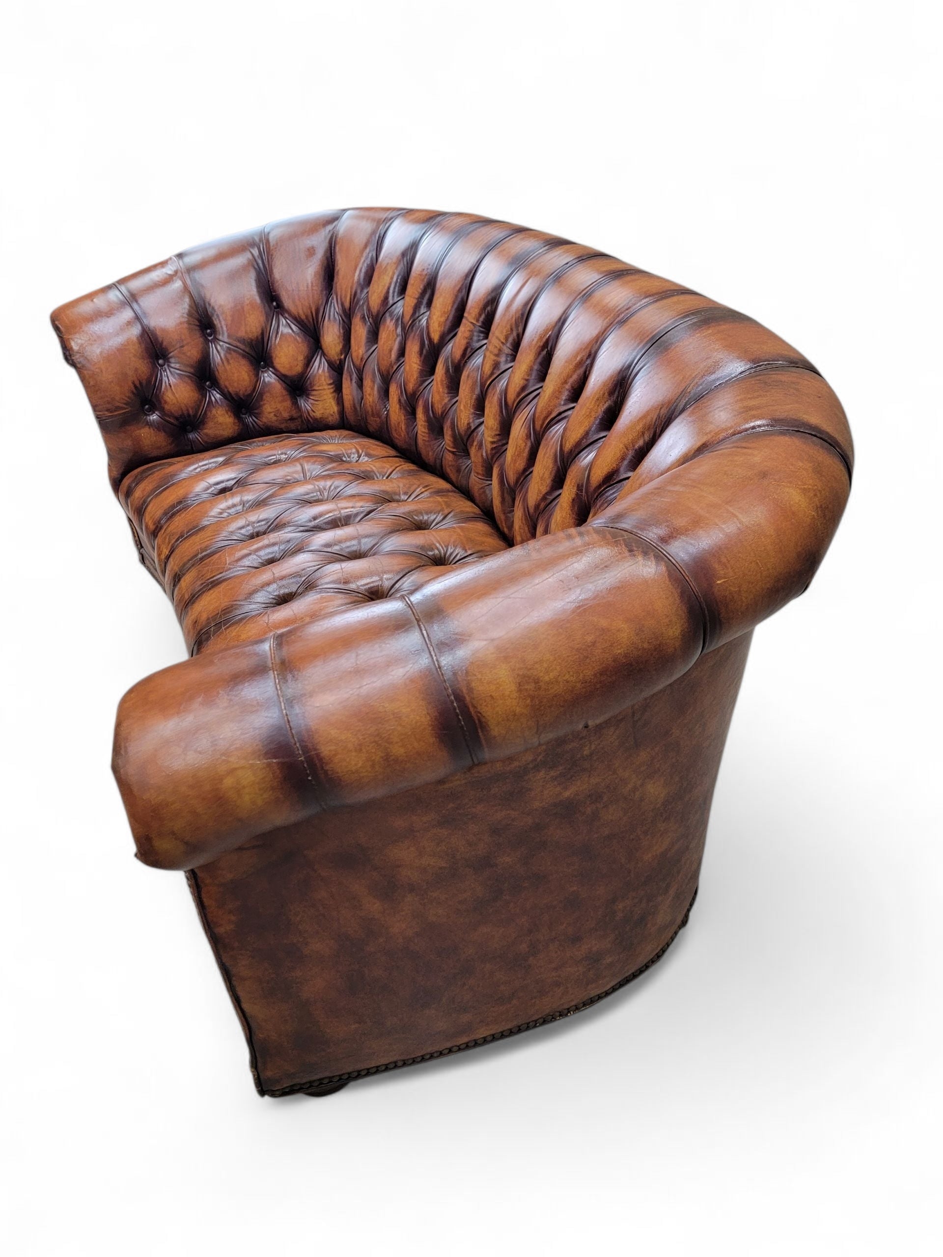Vintage English Tufted Hand Dyed Distressed Cognac Leather Chesterfield Sofa - Pair