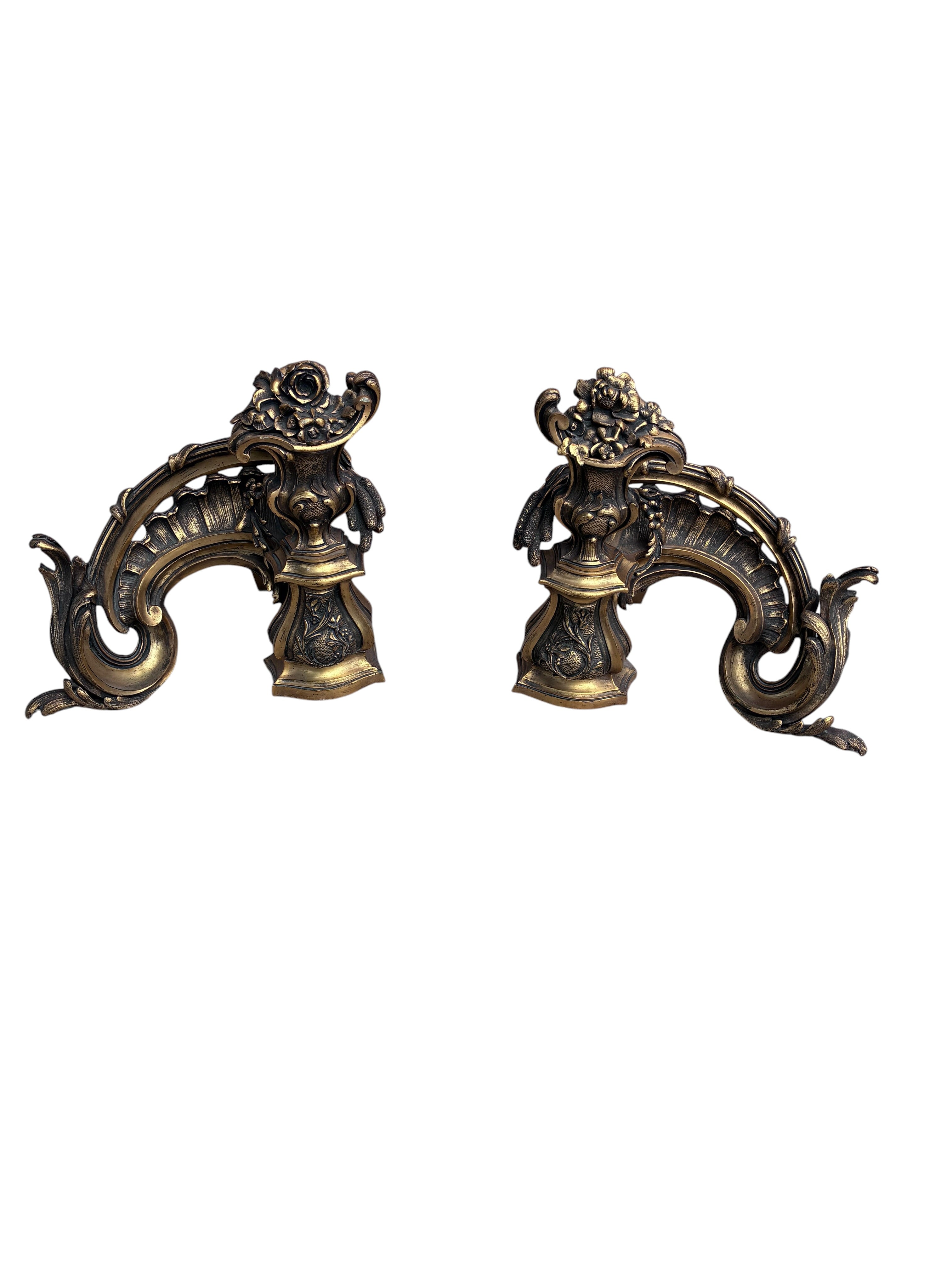 Antique French Rococo Revival Bronze Chenets Andirons – Pair