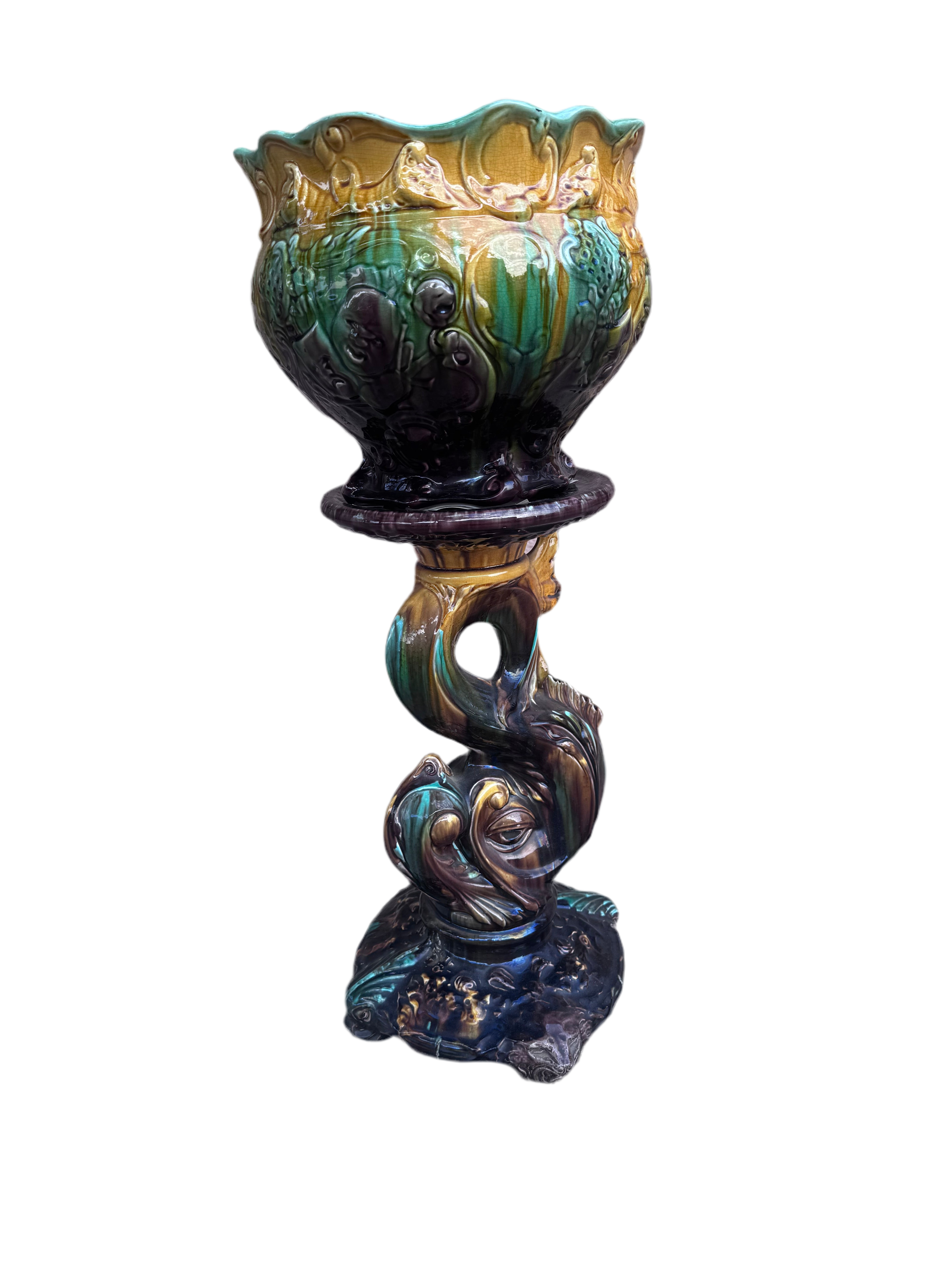 Vintage Weller Majolica Pottery Jardiniere & Pedestal Set