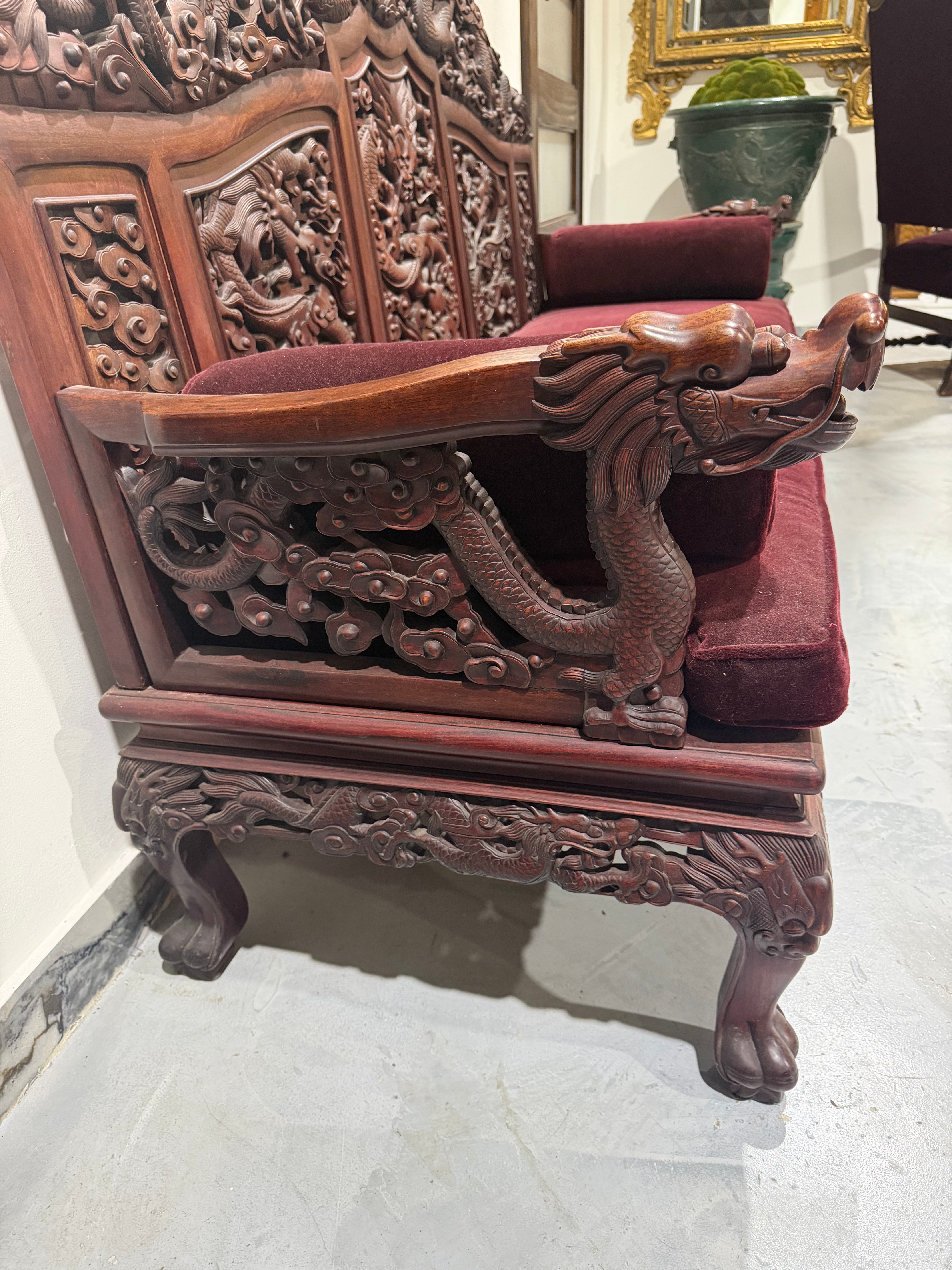 Chinese Carved Dragon Settee With Burgundy Mohair Upholstery
