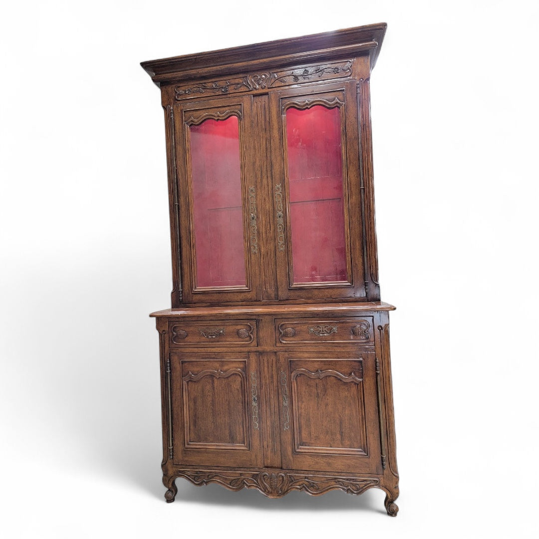 Antique French Provincial Carved Oak 2 Glass Door Display Storage Cabinet Buffet