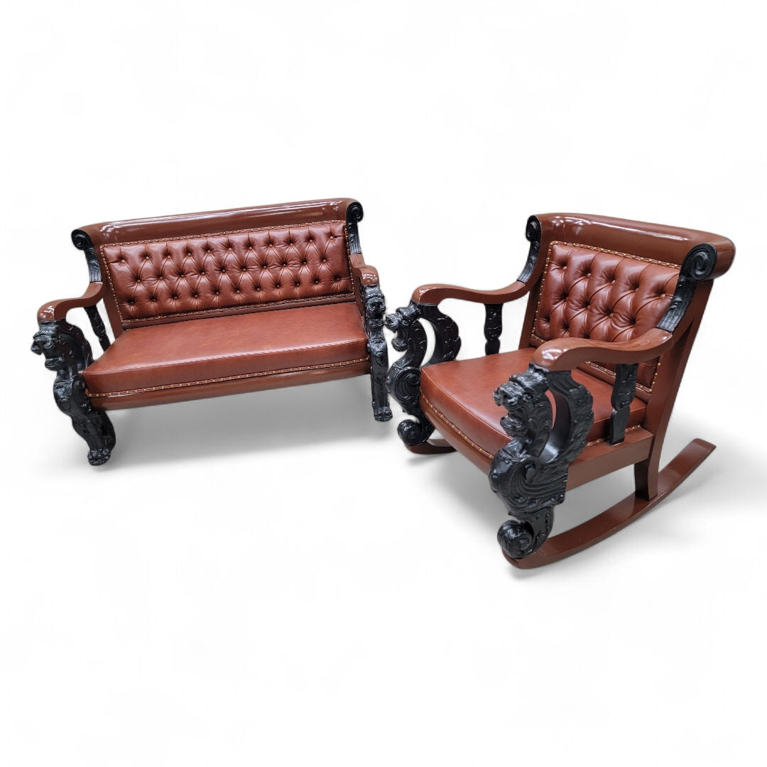 Antique R.J. Horner Style Carved Winged Griffin Tufted Parlor Set Newly Restored & Reupholstered in Leather - 3 Piece Set