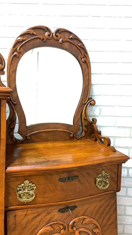 Antique Art Nouveau Victorian Quarter-Sawn Oak Mirrored Secretary/Dressing Cabinet