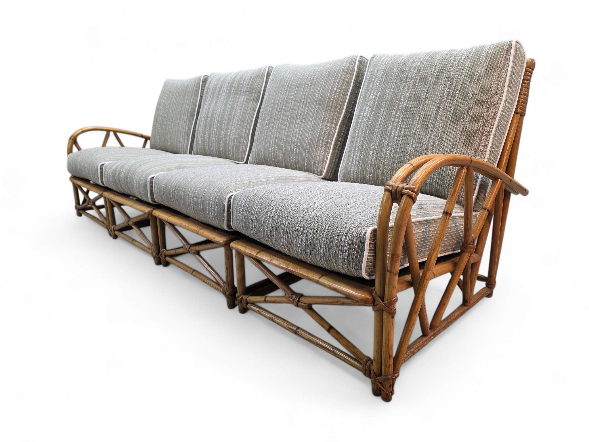 New - Mid Century Modern Coastal Bamboo 4 Piece Modular Sectional Sofa Newly Reupholstered with Two Tier Bamboo Side Tables by Heywood Wakefield