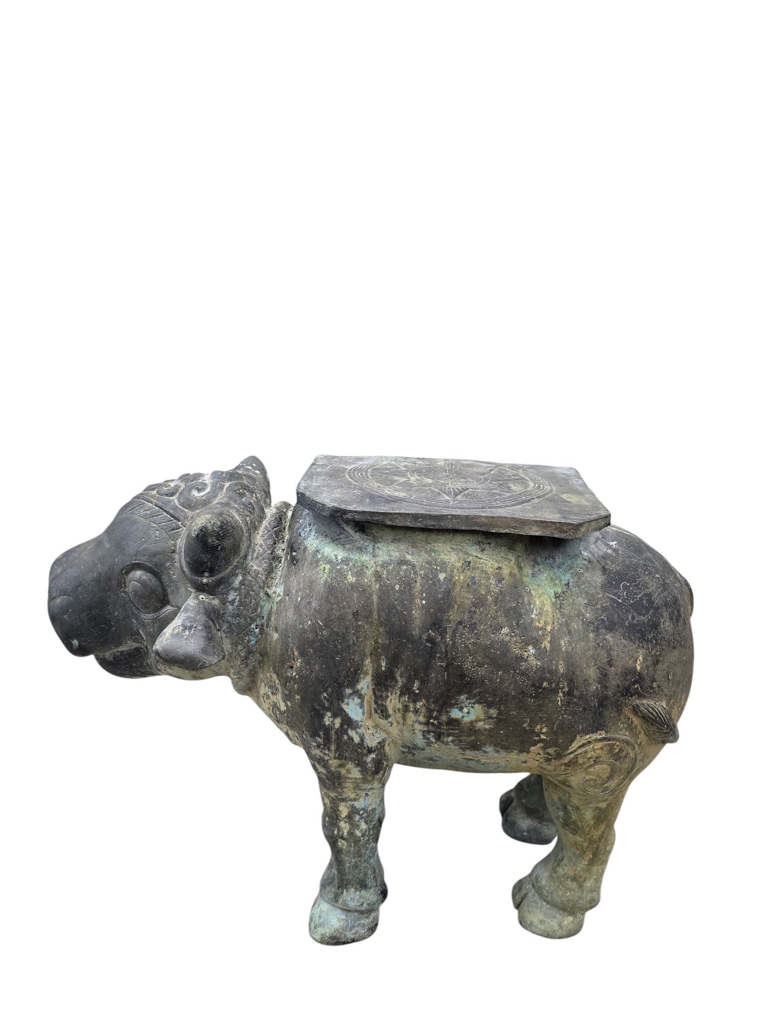 New - Antique Balinese Hammered Bronze Saddled Nandi Bull Table