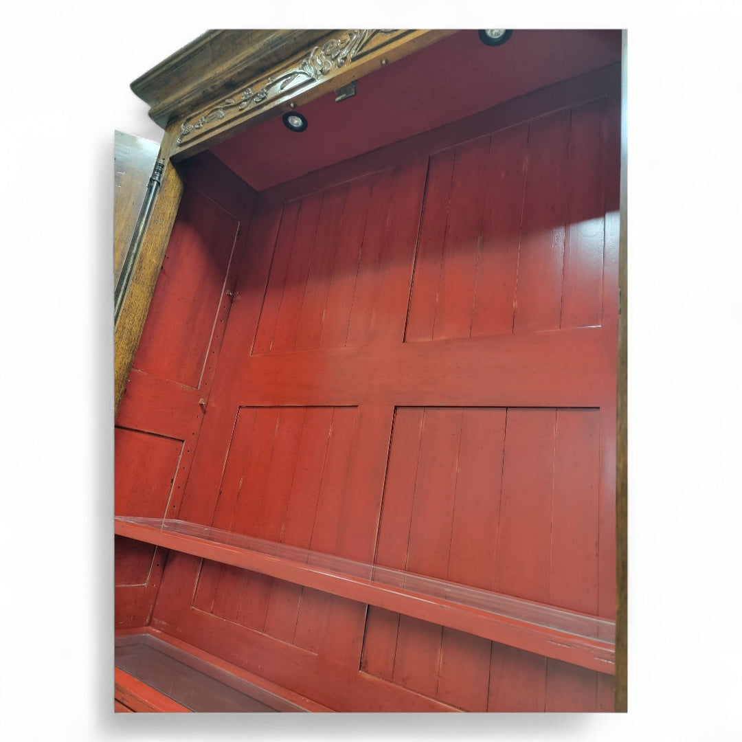 Antique French Provincial Carved Oak 2 Glass Door Display Storage Cabinet Buffet