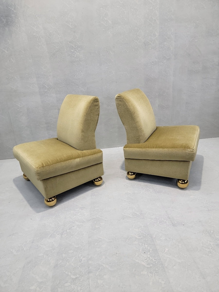 Vintage Post-Modern Redesigned Gold Mohair Slipper Chairs on Oversized Brass Ball Feet - 4 Piece Set