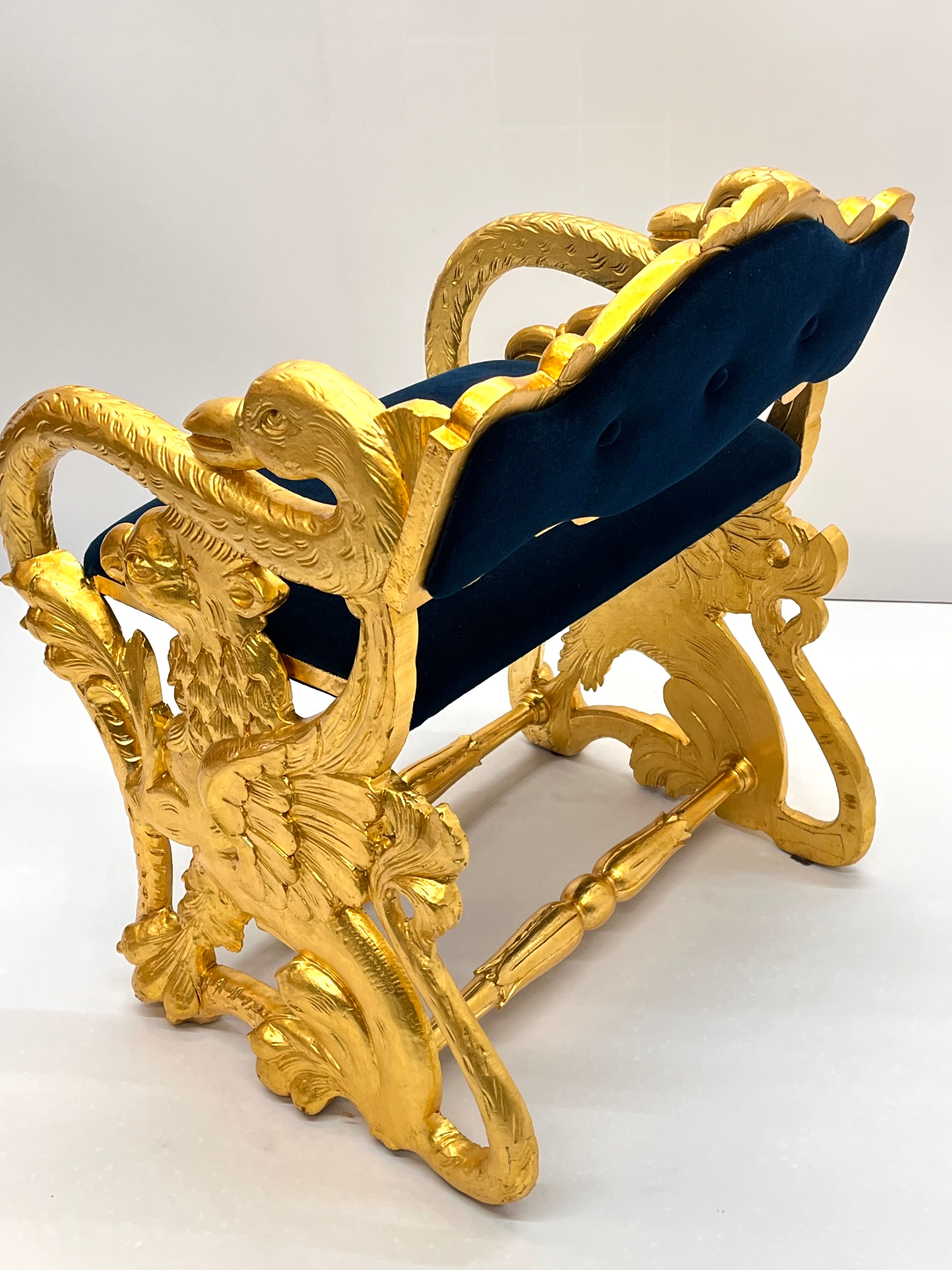 Antique Federal Style Carved Gold Gilt Swan and Eagle Carousel Bench Newly Reupholstered in Blue Mohair Seat