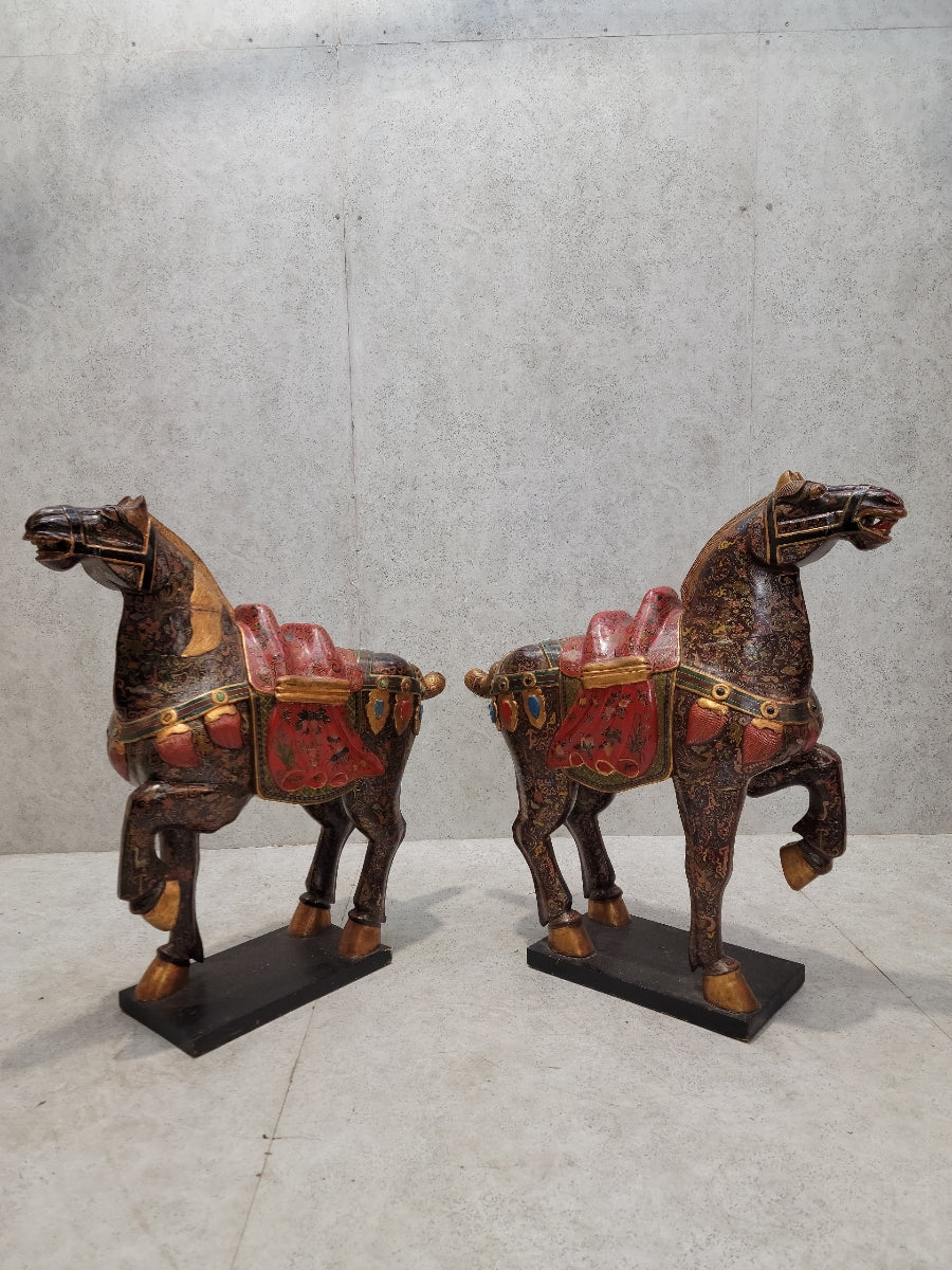 Vintage Tang Dynasty Style War Horse Floor Statues Sculptures - Set of 2