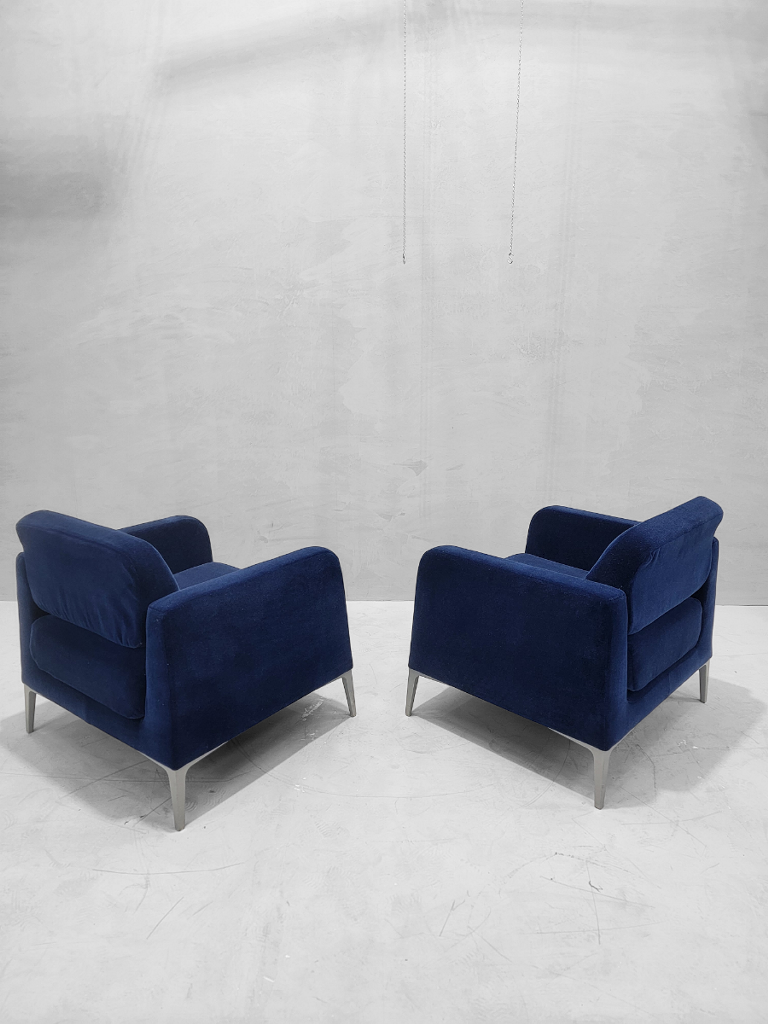 Vintage Italian Postmodern Open-Back Segis Alphabet Lounge Chairs Newly Upholstered in Blue Italian Mohair - Set of 4