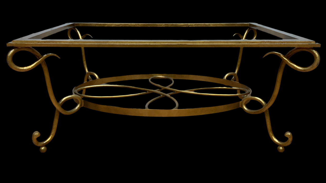 Art Deco Rene Drouet Style Gilt Wrought Iron Coffee Table with Beveled Glass