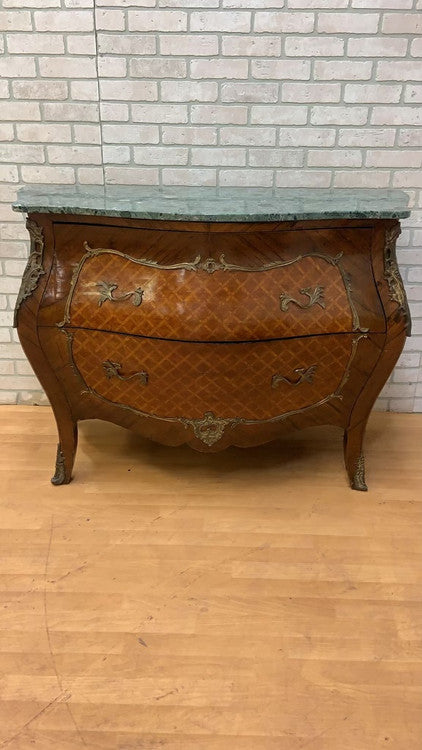 Antique French Louis XVI Marble Top Brass Ormolu Surround Walnut Parquetry 2 Drawer Pot-Belly Bombe Commode Chest