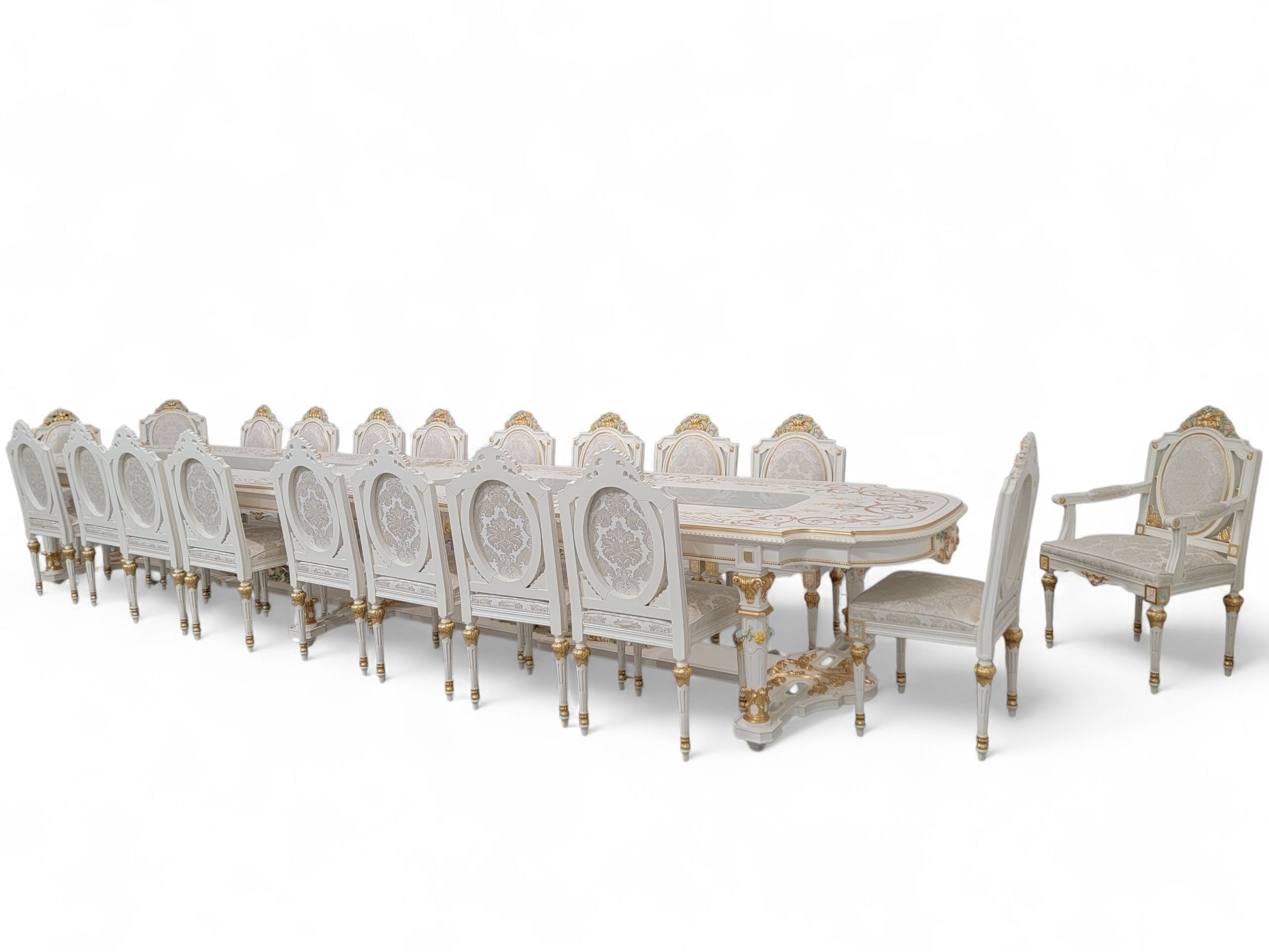 Vintage Monumental 20 Seat Venetian Rococo Gilded Hand Painted Capodimonte Style Dining Set
