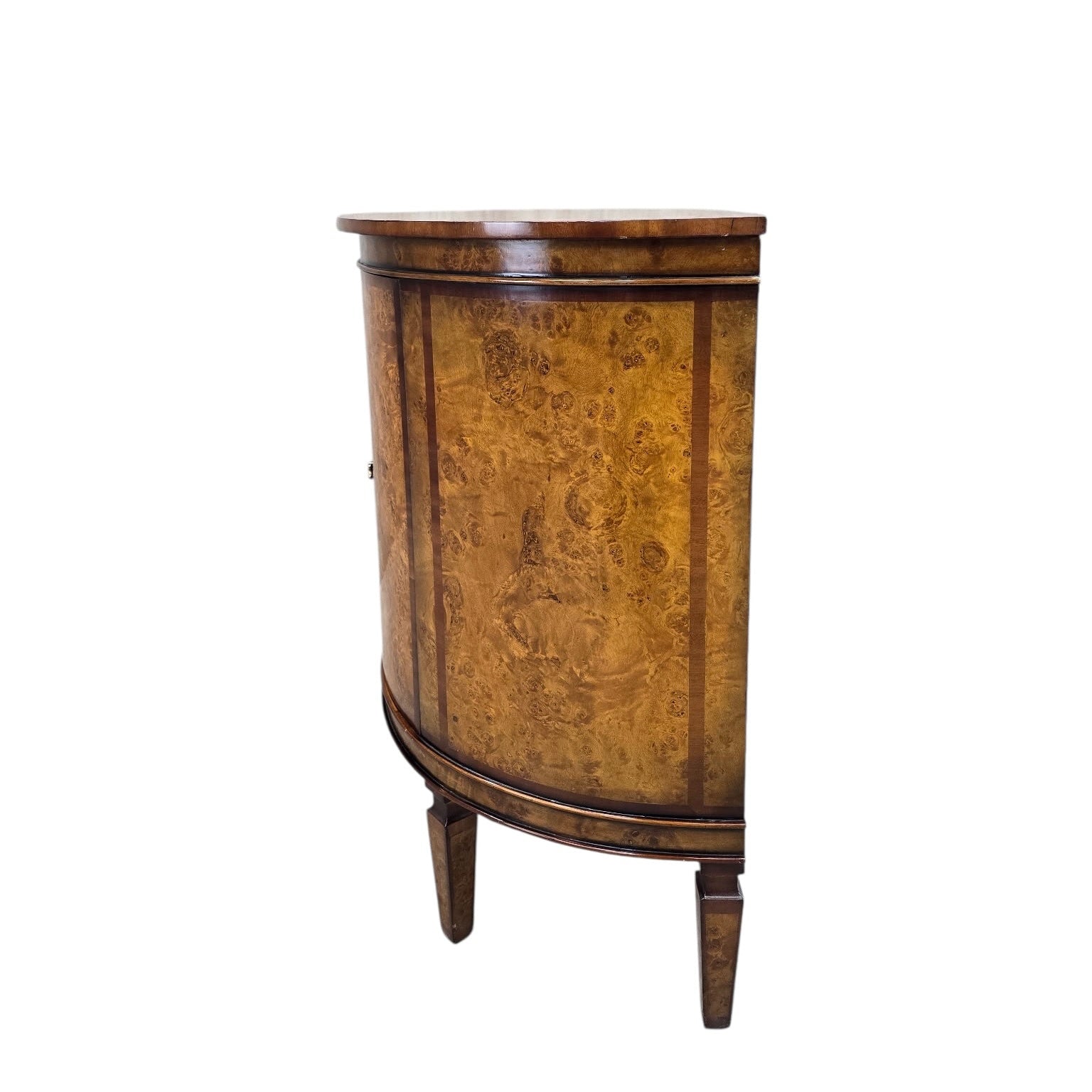 Vintage Neoclassical Regency Style Walnut Burl Demilune Cabinet