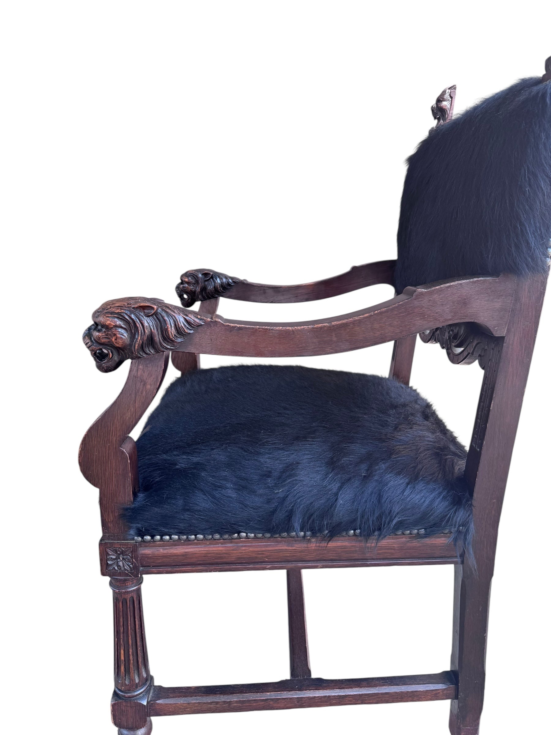Antique French Carved Hall Chair With Lion Head Arms