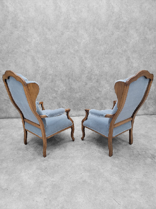 Vintage French Country Biedermeier Style Tufted Back Wingback Armchairs Newly Upholstered in Mohair - Pair