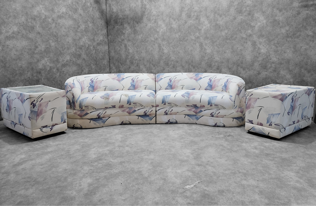 Vintage Postmodern Kagan Style Curved Sectional Sofa with 2 Side Tables - Set of 3