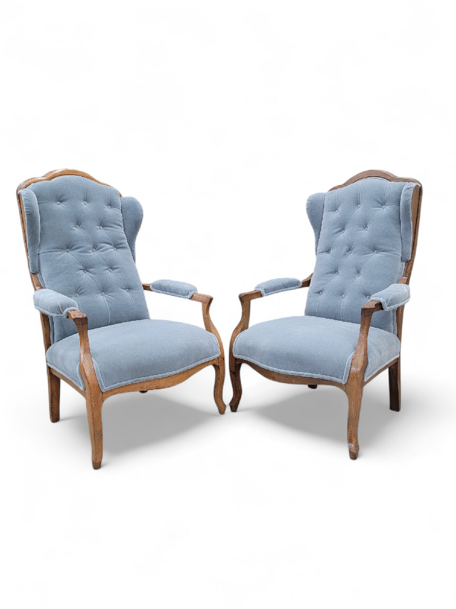 Vintage French Country Biedermeier Style Tufted Back Wingback Armchairs Newly Upholstered in Mohair - Pair