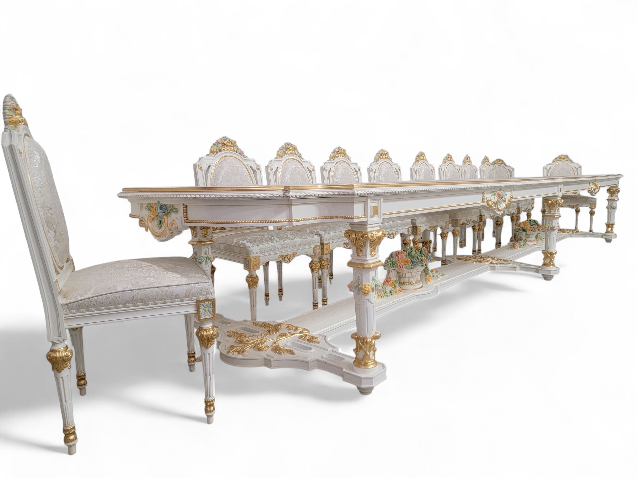 Vintage Monumental 20 Seat Venetian Rococo Gilded Hand Painted Capodimonte Style Dining Set