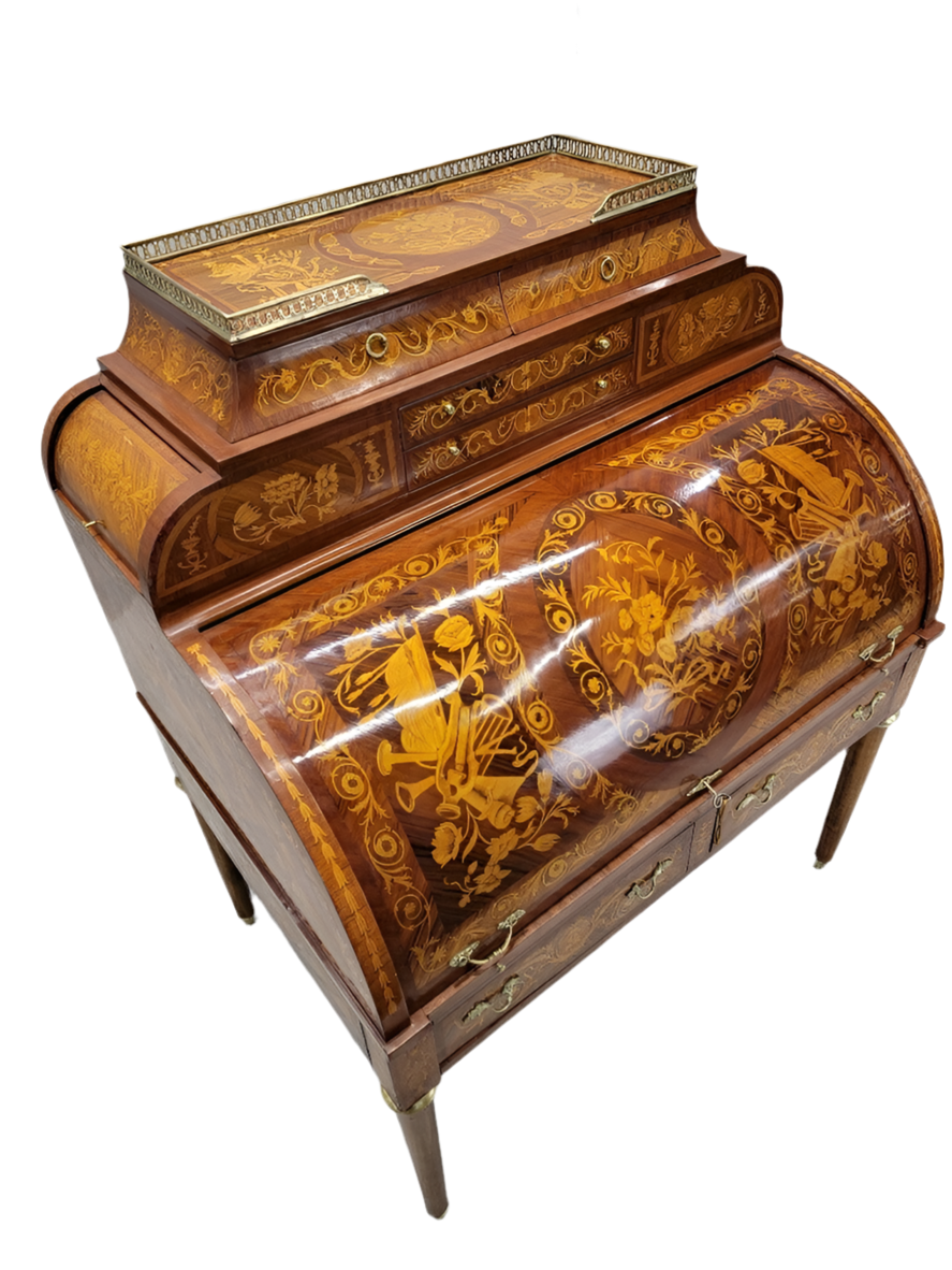 Antique Monumental French Regency Inlaid Brass Mounted Barrel Roll Top Cylinder Desk
